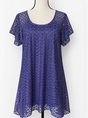 Purple Crochet Tunic Top Short Sleeve Boho Sheer Knit Festival Summer Comfort